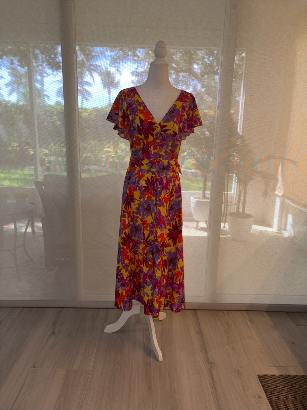 Tonya Taylor Floral V-Neck Midi Dress in Yellow and Purple